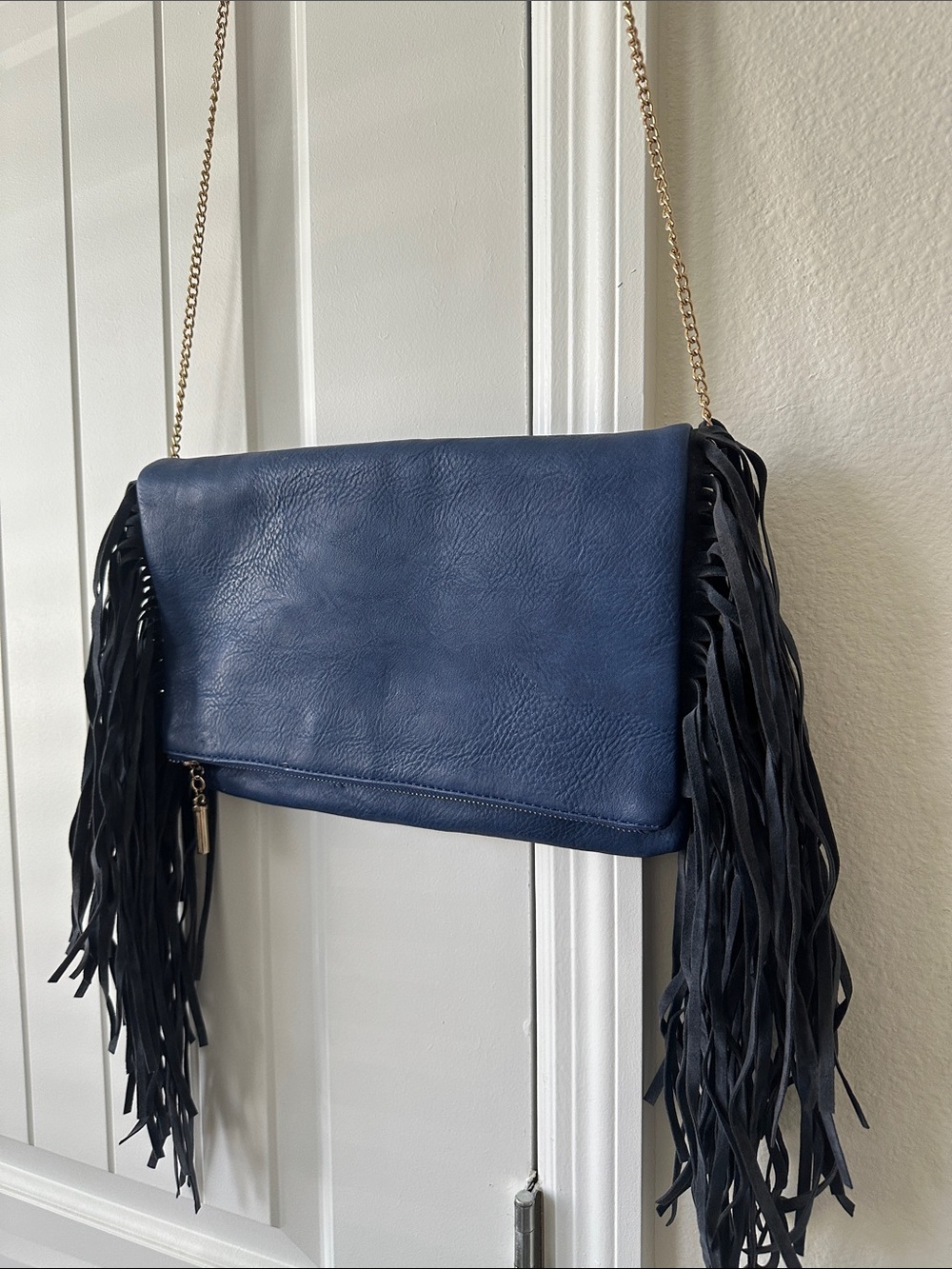 Navy Fringe Shoulder Bag with Chain Strap